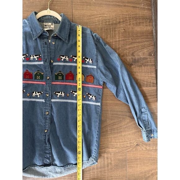 Way To Go Denim Button Up Shirt Embroidered Farm Animals Womens Medium Vintage - Picture 6 of 7